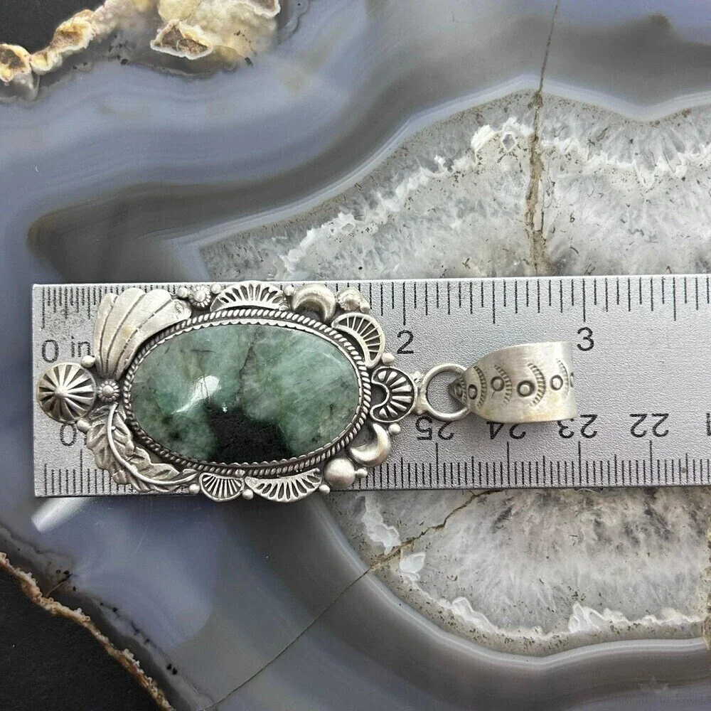 Sterling Silver Southwestern Style Oval Emerald Decorated Pendant For Women #1 - Picture 10 of 10